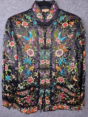 Vintage Silk Plum Blossom Hand Embroidered Floral Mandarin Jacket size 38